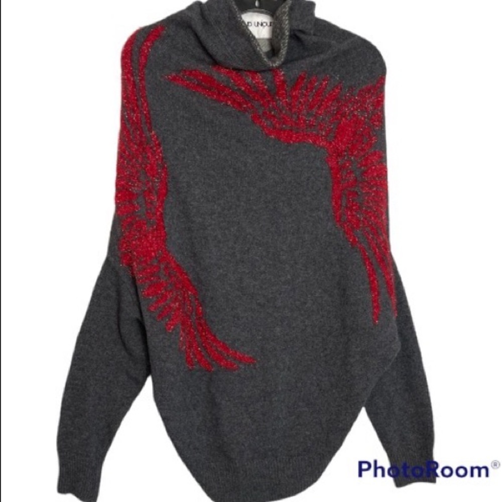 Brand Unique Cashmere Blend Grey With Red Phoenix Rising Size Small